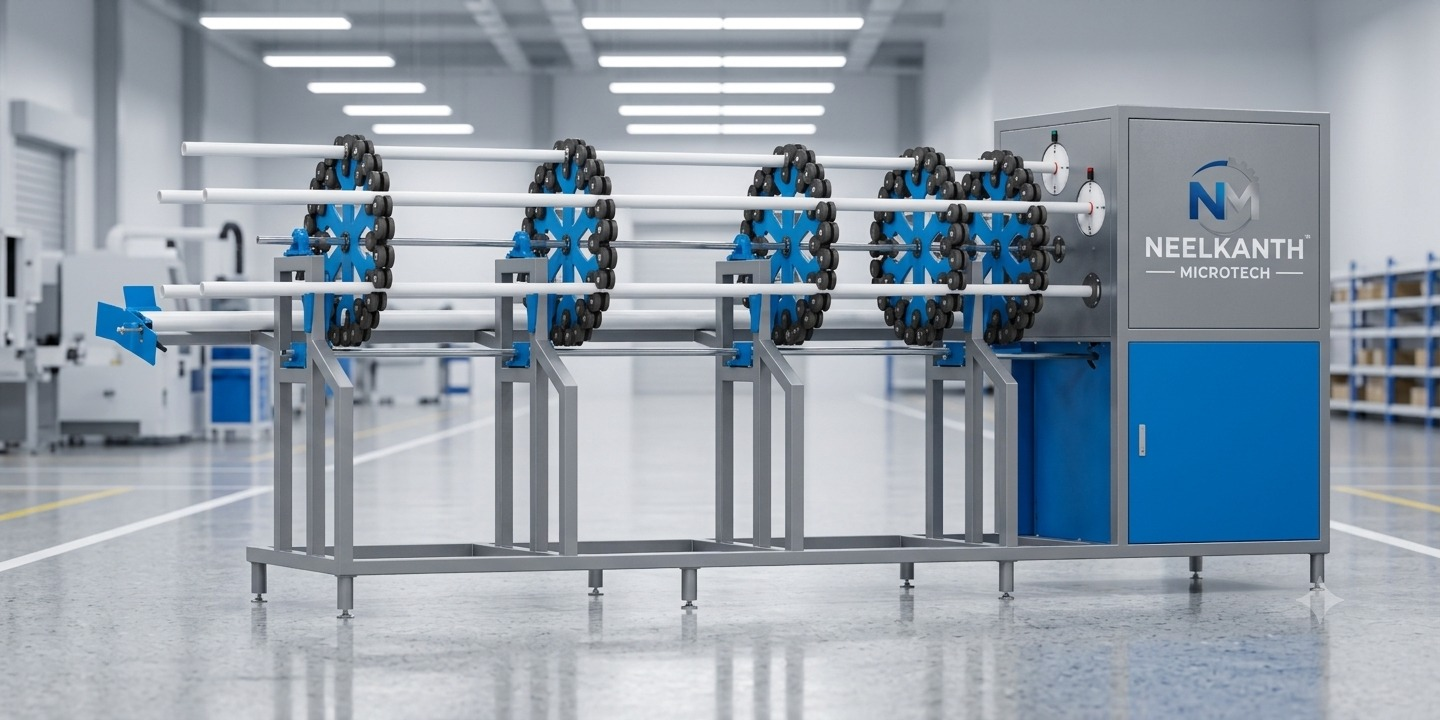 Neelkanth Microtech PVC conduit pipe socketing machine with pipe support rollers and a central control cabinet
