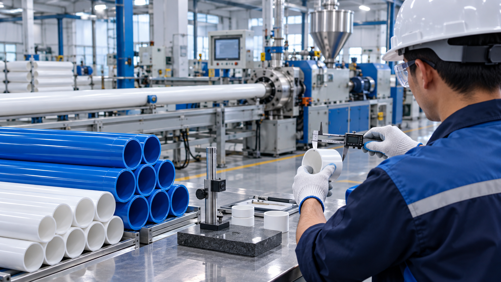 Technician inspecting PVC pipe dimensions during production quality control